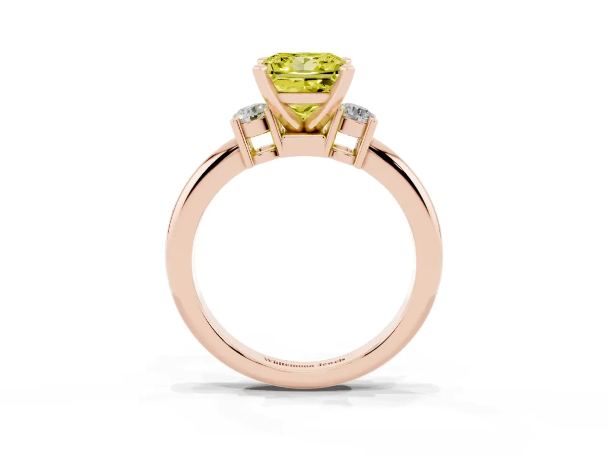 Fancy Yellow Three-Stone Princess Cut Cut Diamond Solitaire with Prong Setting and Classic Band Rose gold