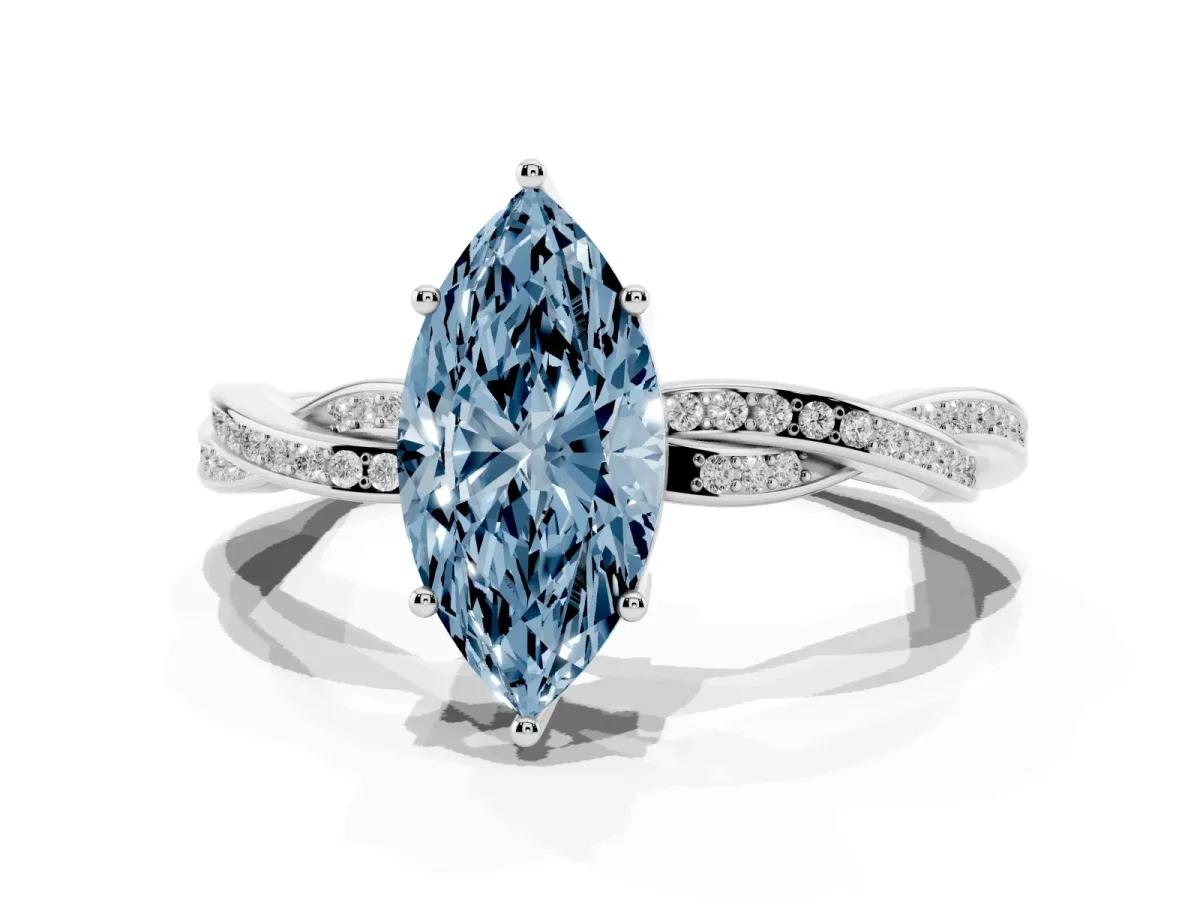 Fancy Blue Marquise Cut Solitaire Twisted Pave Diamond Ring with Four-Prong Setting Silver