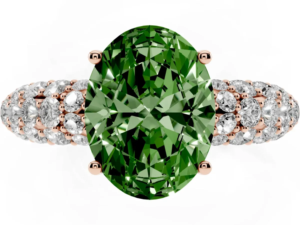 Fancy Green Oval Cut Diamond Pavé Band Solitaire Ring with Four-Prong Setting Rose gold
