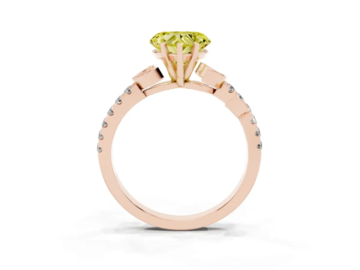 Fancy Yellow Heart Cut Solitaire Leaf-Inspired Diamond Ring with Pavé Band and Four-Prong Setting Rose gold