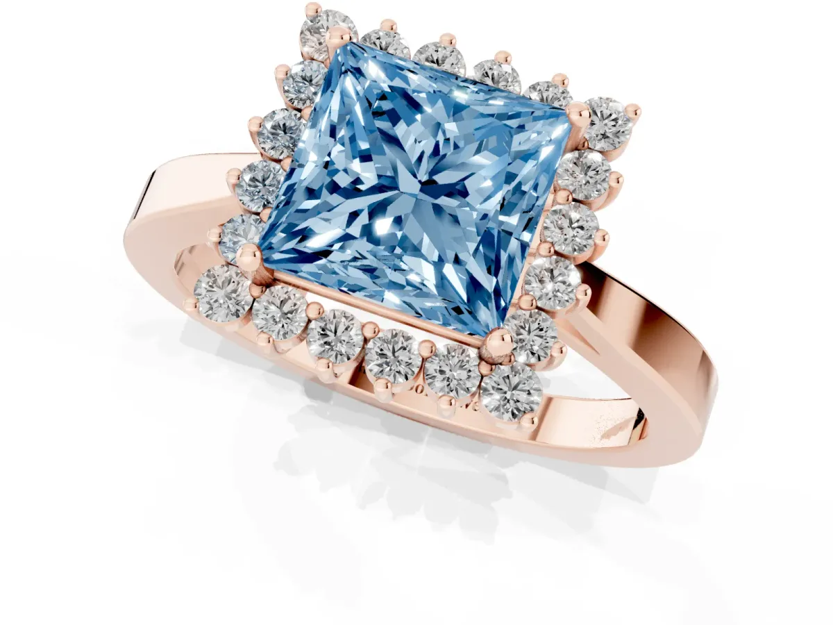 Fancy Blue Princess Cut Cut Diamond Halo Ring with Round Brilliant Halo and Solitaire Band Rose gold