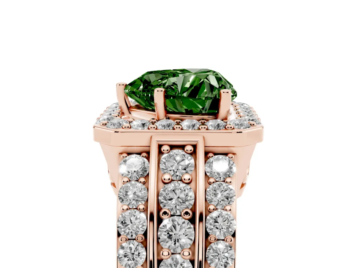 Fancy Green Heart Cut Halo Diamond Ring with Round Split Shank and Prong Setting Rose gold