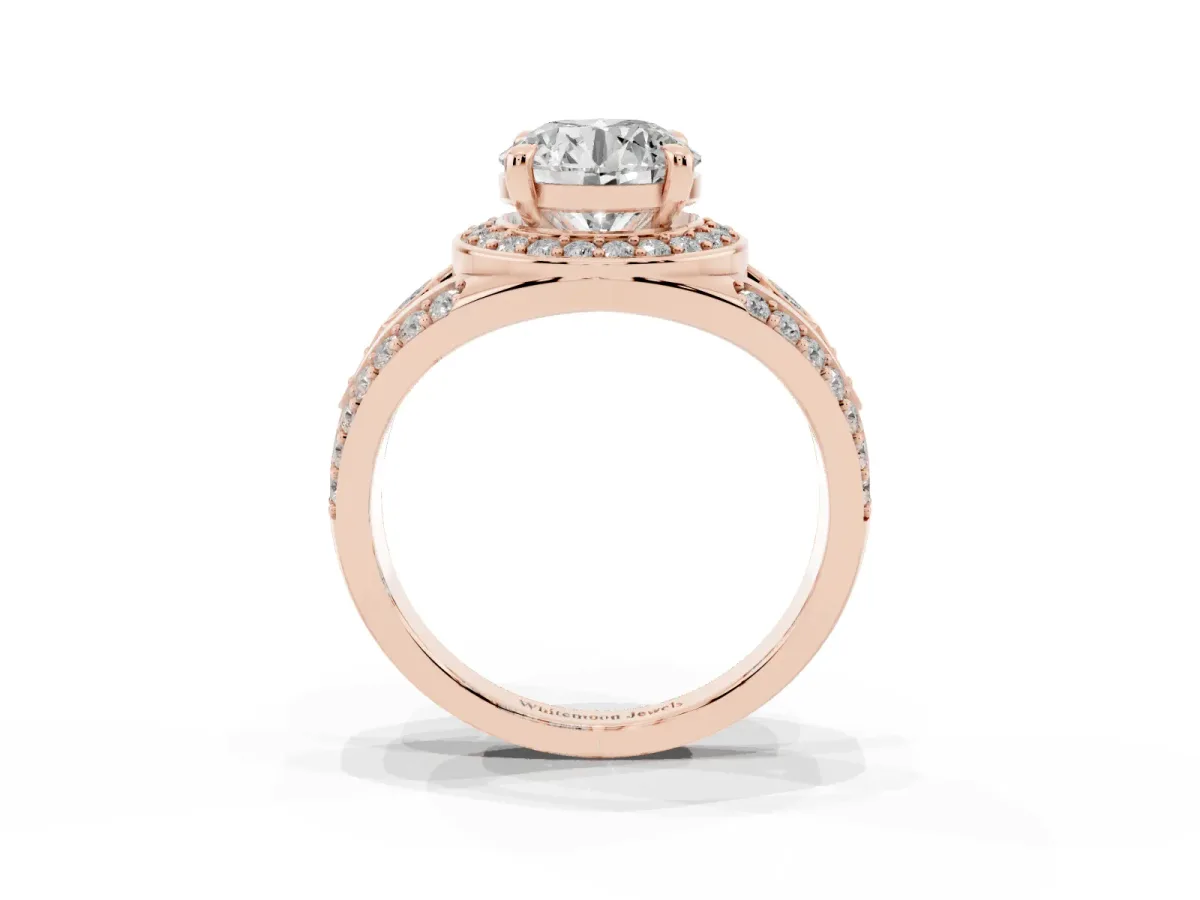 Round Cut Diamond Halo Ring with Split Shank and Bezel Accents and Four-Prong Setting Rose gold
