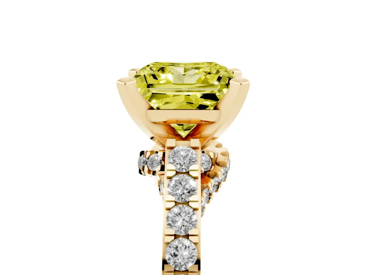 Fancy Yellow Princess Cut Diamond Solitaire Ring with Crossover Gallery and Round Pavé Band Yellow gold