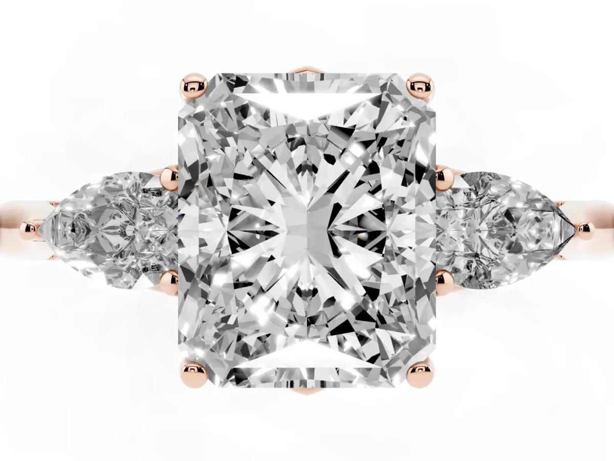 Radiant Cut Diamond Three-Stone Ring with Pear Side Stones and Prong Setting Rose gold