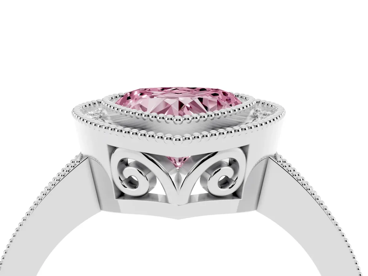 Fancy Pink Heart Cut Cut Halo Diamond Ring with Pavé Band and Milgrain Prong Setting Silver