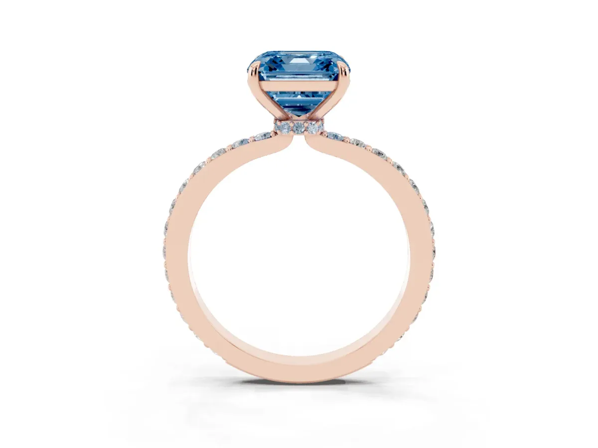 Fancy Blue Asscher Cut Diamond Solitaire Engagement Ring with Pavé Band and Four-Prong Setting Rose gold