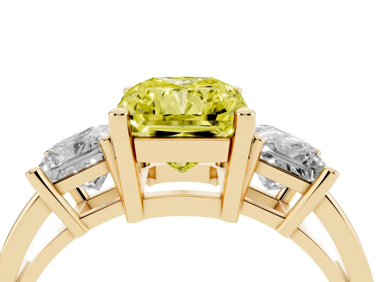 Fancy Yellow Three-Stone Radiant Cut Cut Solitaire Ring with Prong Setting Yellow gold