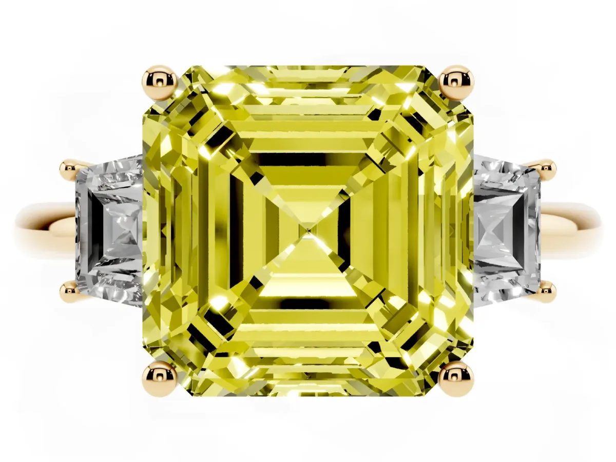 Fancy Yellow Asscher Cut Diamond Three-Stone Ring with Trapezoid Side Stones and Prong Setting Yellow gold