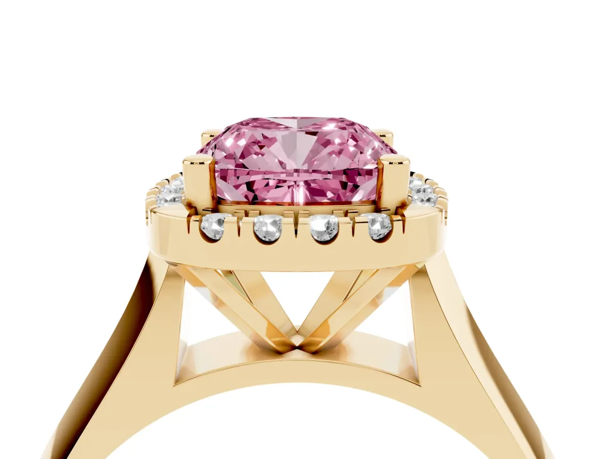 Fancy Pink Cushion Cut Cut Halo Solitaire Engagement Ring with Square Band and Four-Prong Setting Yellow gold