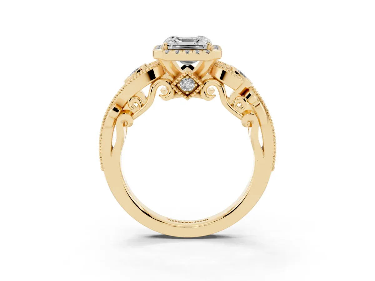 Asscher Cut Diamond Halo Ring with Milgrain Pavé Band and Four-Prong Setting Yellow gold