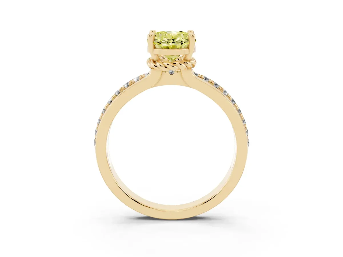 Fancy Yellow Oval Cut Solitaire Diamond Ring with Channel Set Band and Six-Prong Setting Yellow gold