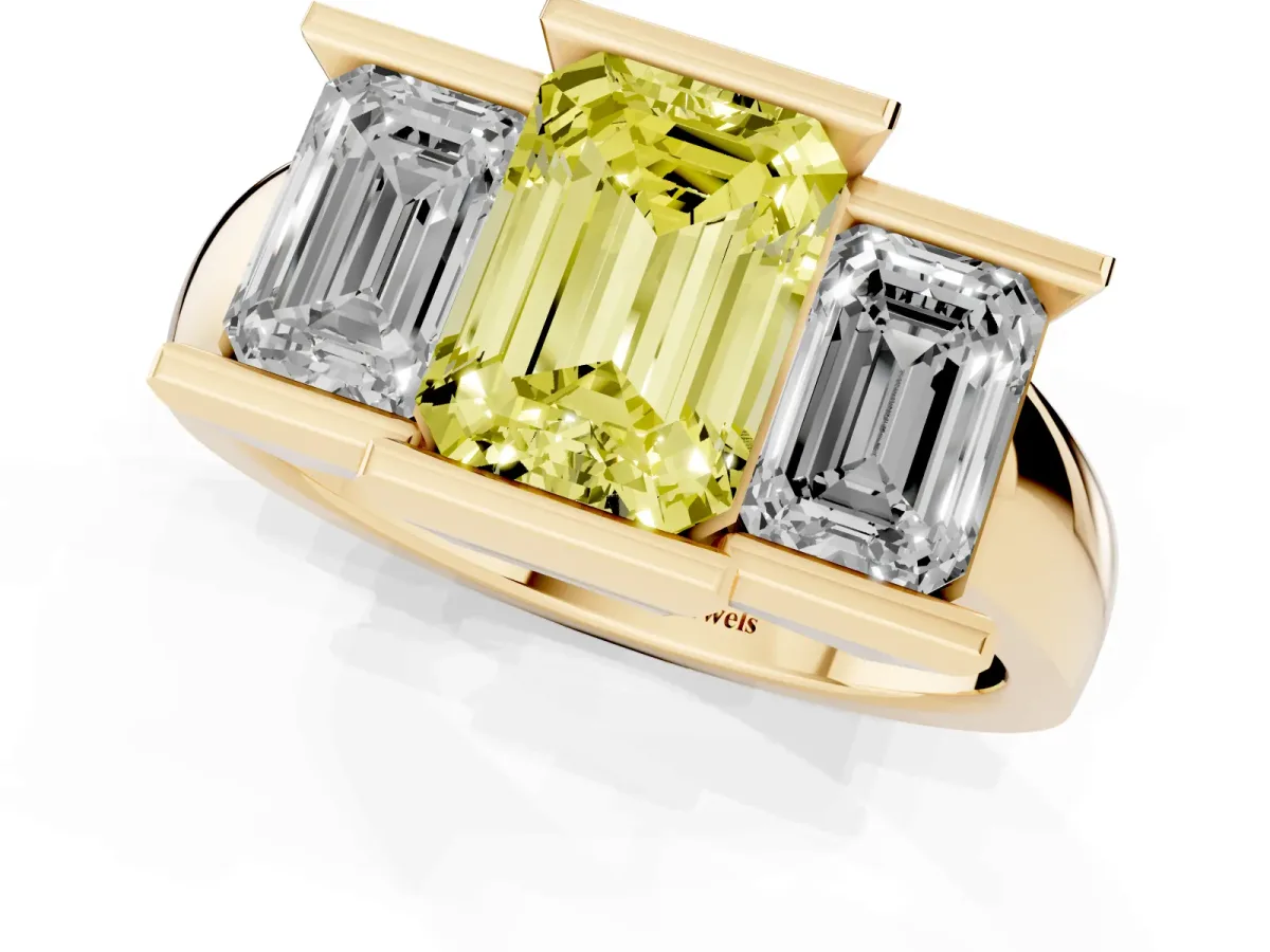 Fancy Yellow Three Stone Emerald Cut Cut Channel Set Diamond Ring Yellow gold