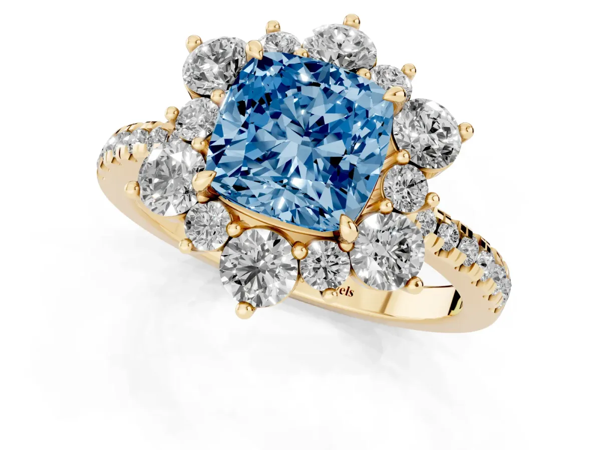 Fancy Blue Cushion Cut Diamond Floral Halo Ring with Round Pavé Band and Prong Setting Yellow gold