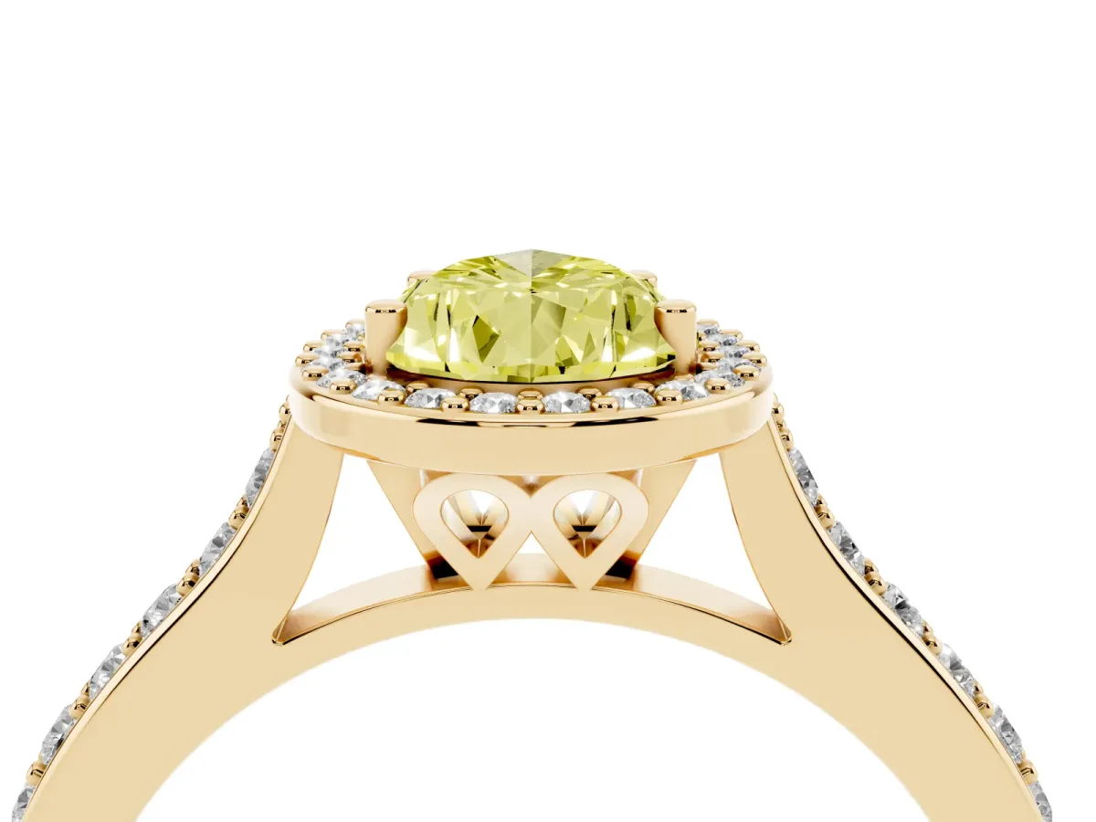 Fancy Yellow Pear Cut Diamond Halo Engagement Ring with Round Pavé Shoulders and Prong Setting Yellow gold