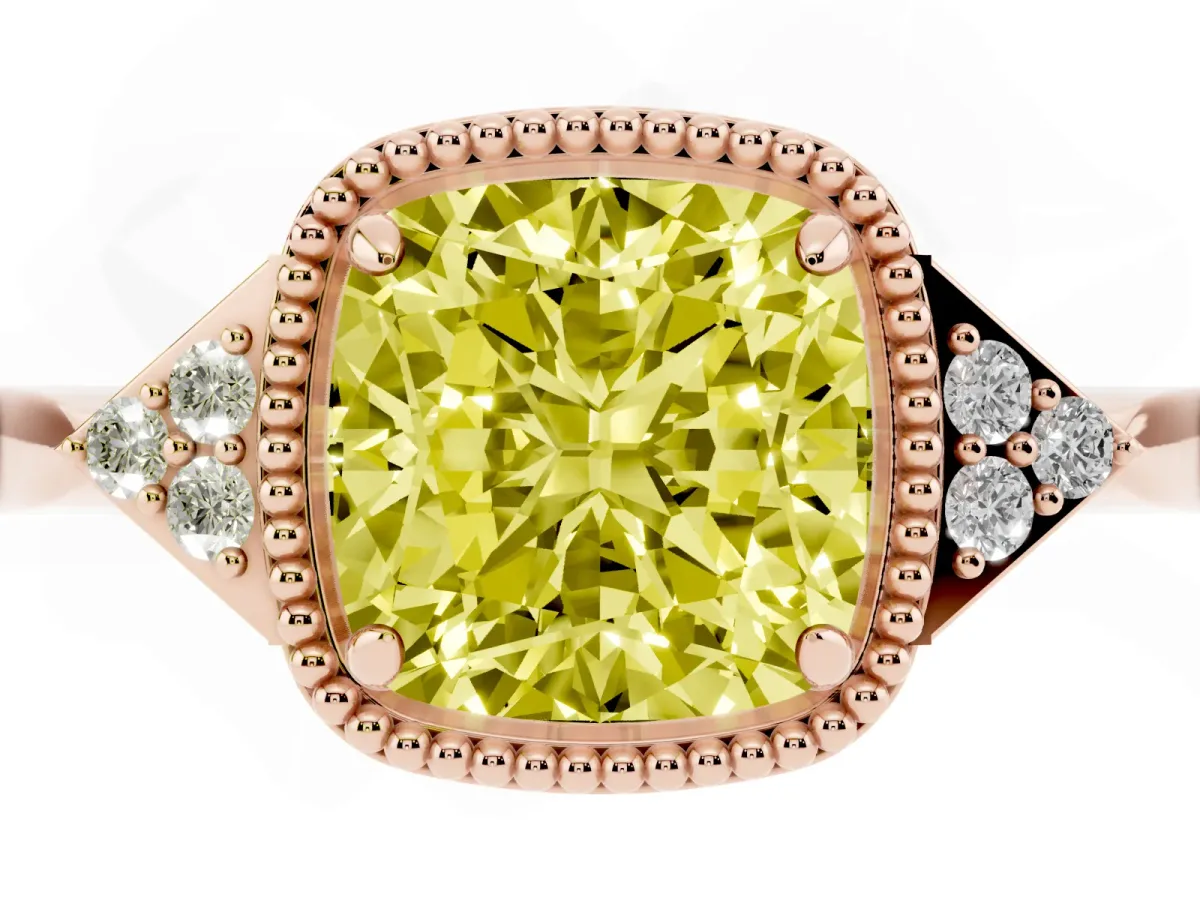 Fancy Yellow Hexagonal Halo Cushion Cut Diamond Solitaire with Pavé Band and Four-Prong Setting Rose gold
