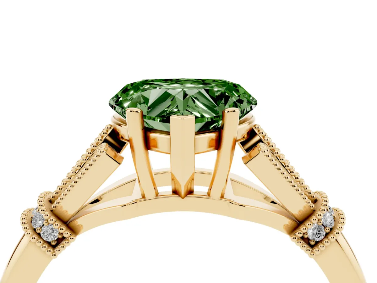 Fancy Green Heart Cut Diamond Solitaire Ring with Floral Filigree and Pave Accents Yellow gold
