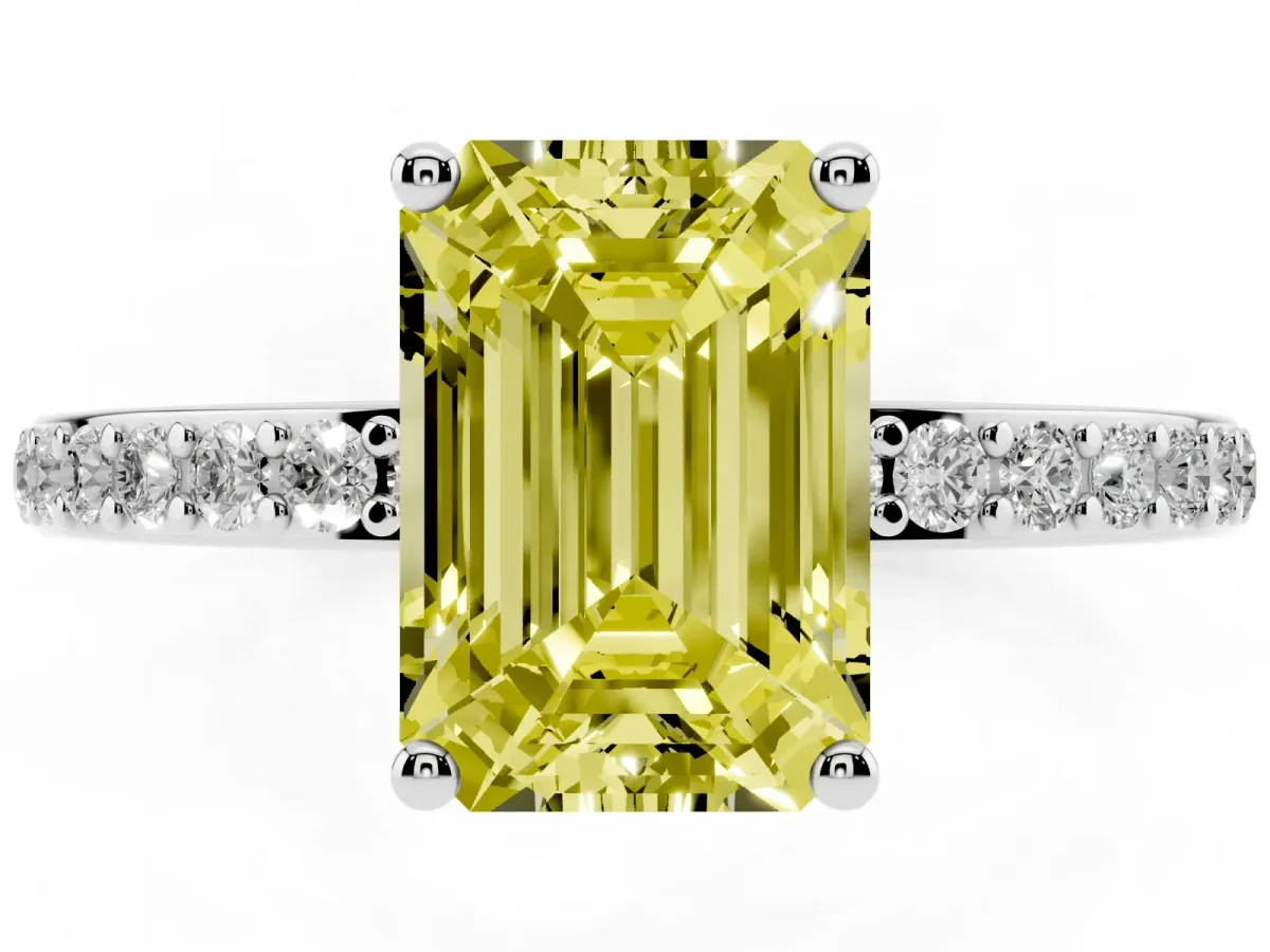 Fancy Yellow Emerald Cut Cut Diamond Pavé Band Ring with Four-Prong Setting Silver