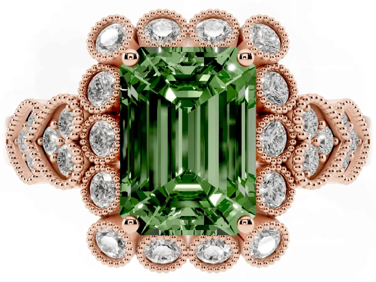 Fancy Green Emerald Cut Brilliant Milgrain Pave Heart Band Solitaire Ring Rose gold