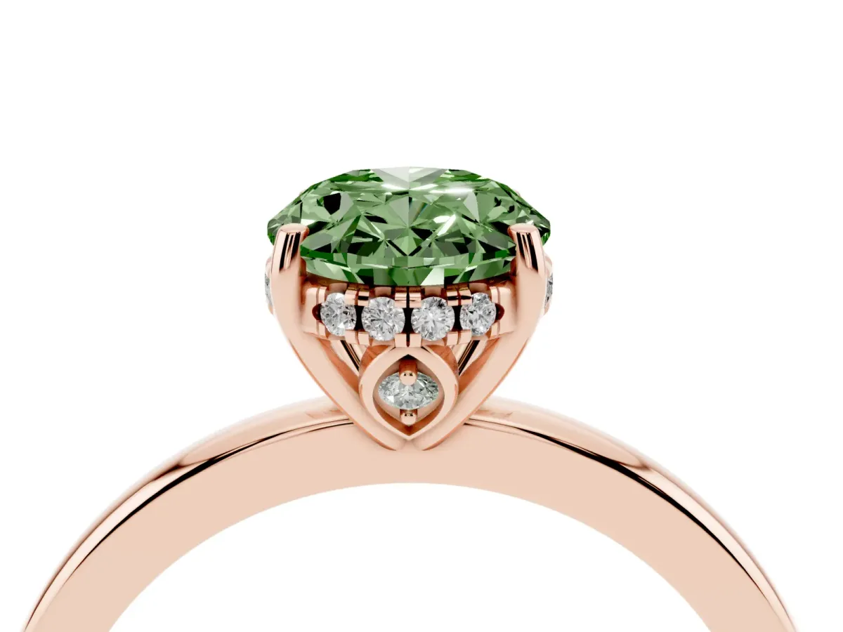 Fancy Green Oval Cut Solitaire Diamond Ring with Prong Setting and Plain Band Rose gold