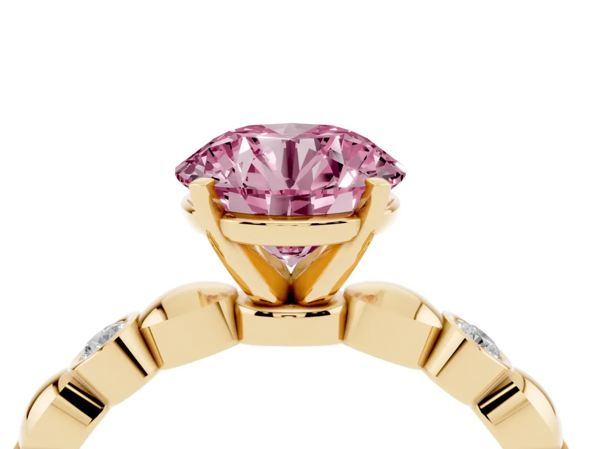 Fancy Pink Round Cut Solitaire Bezel-Set Diamond Ring with Beaded Band and Four-Prong Setting Yellow gold