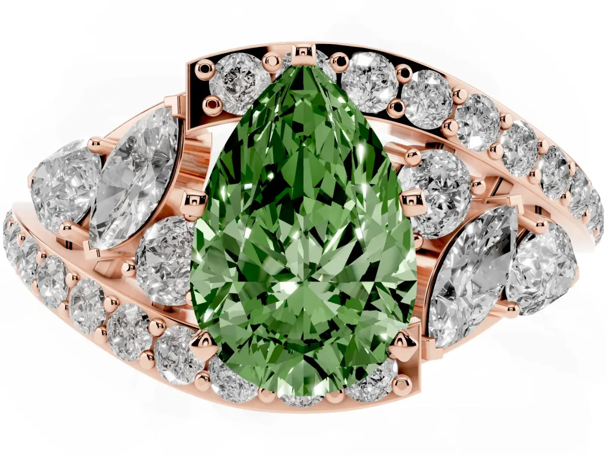 Fancy Green Pear Cut Diamond Halo Ring with Marquise and Pavé Band in Prong Setting Rose gold