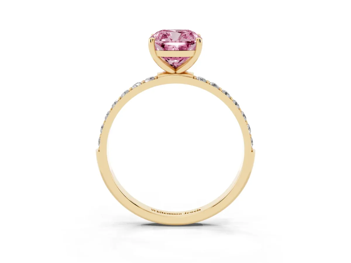 Fancy Pink Cushion Cut Diamond Solitaire Ring with Round Pavé Shoulders and Prong Setting Yellow gold