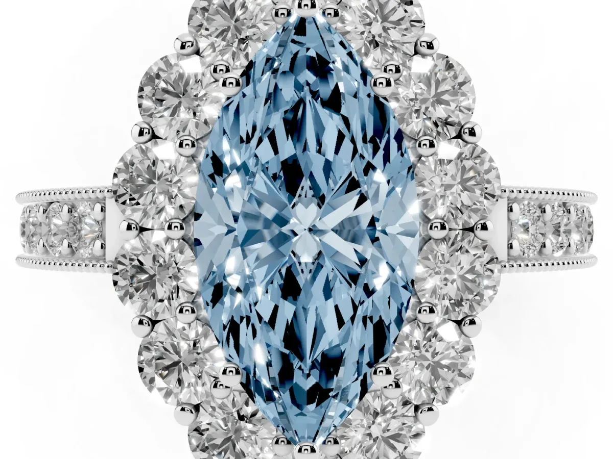Fancy Blue Marquise Cut Cut Halo Diamond Pavé Engagement Ring with Milgrain Detailing Silver