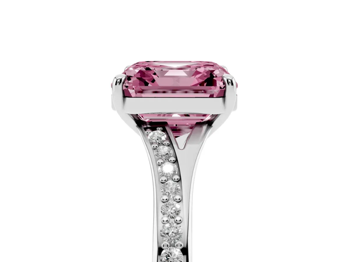 Fancy Pink Asscher Cut Diamond Solitaire Ring with Pavé Band and Prong Setting Silver