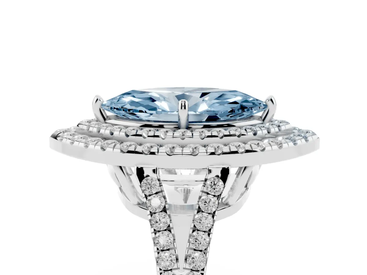Fancy Blue Marquise Cut Diamond Double Halo Ring with Pavé Band and Prong Setting Silver