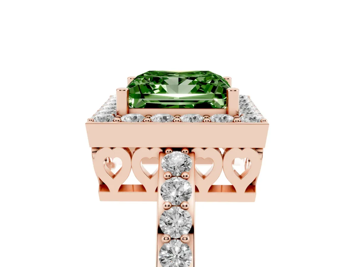 Fancy Green Princess Cut Halo Diamond Pavé Band Ring with Prong Setting Rose gold