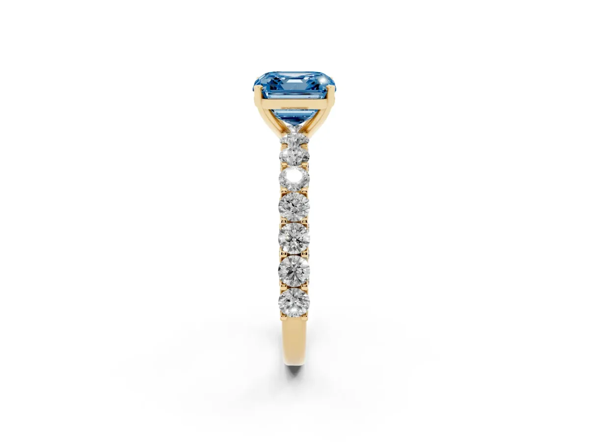 Fancy Blue Asscher Cut Diamond Solitaire Ring with Shared Prong Pavé Band and Four-Prong Setting Yellow gold