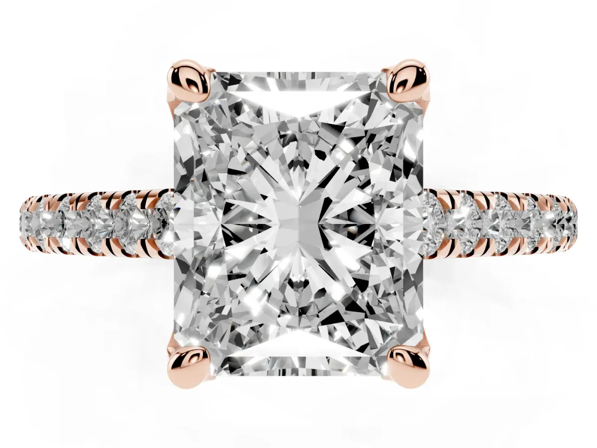 Radiant Cut Brilliant Diamond Solitaire with Pavé Band and Four-Prong Setting Rose gold