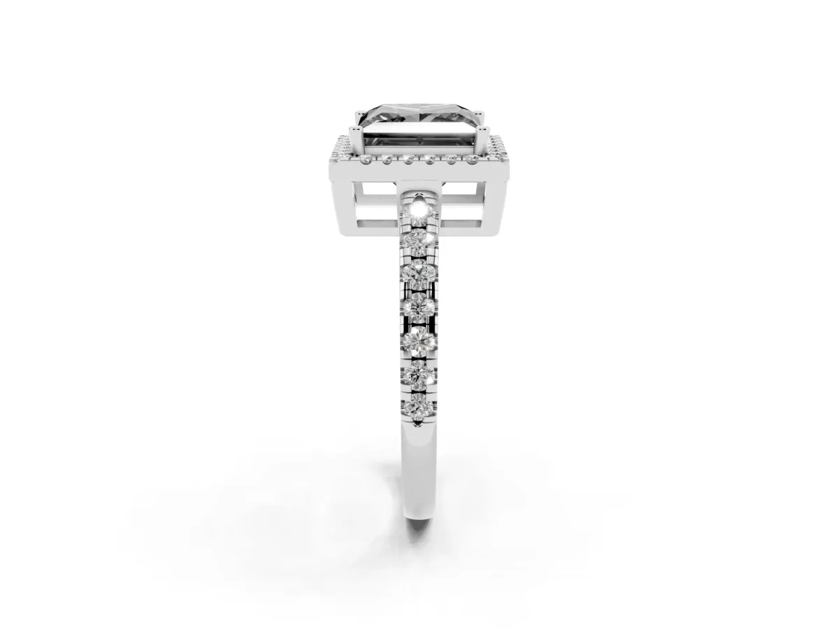 Fancy Black Princess Cut Diamond Halo Ring with Pavé Band and Four-Prong Setting White gold