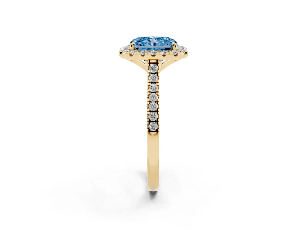 Fancy Blue Radiant Cut Diamond Cushion Halo Ring with Pavé Band Yellow gold