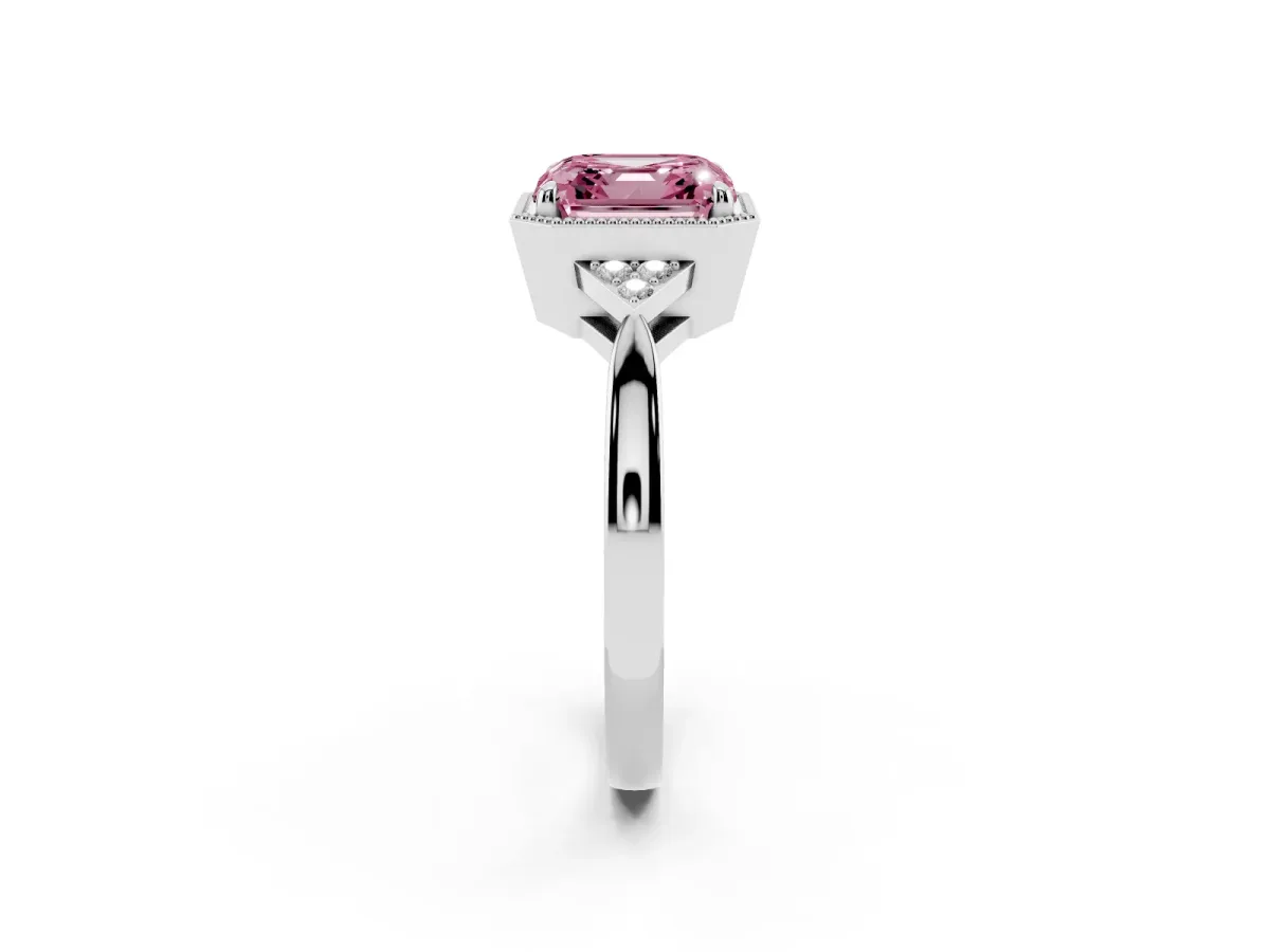Fancy Pink Asscher Cut Diamond Halo Ring with Tapered Band and Four-Prong Setting Platinum