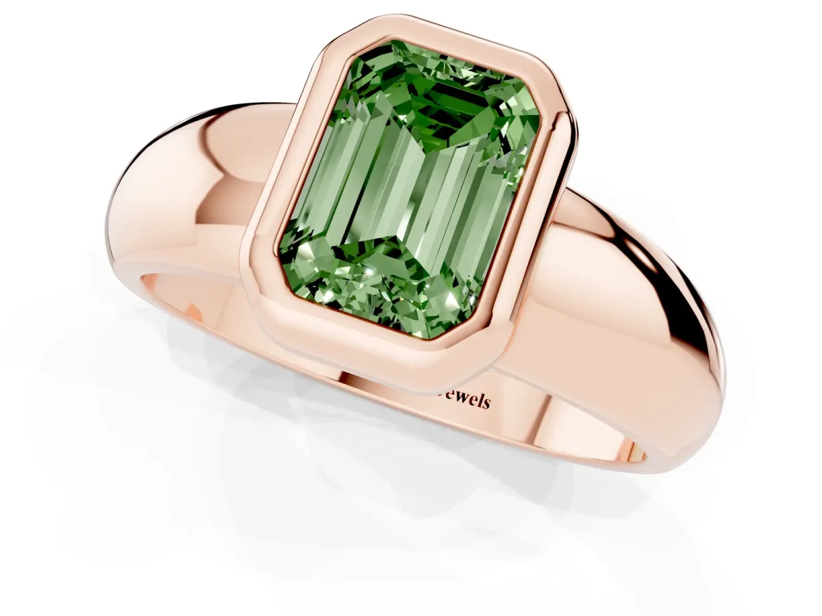 Fancy Green Bezel Set Emerald Cut Solitaire Ring with Wide Band Rose gold