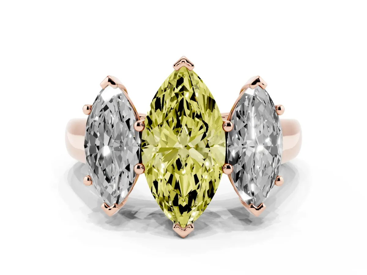 Fancy Yellow Marquise Cut Three-Stone Diamond Ring with Prong Setting on a Classic Band Rose gold