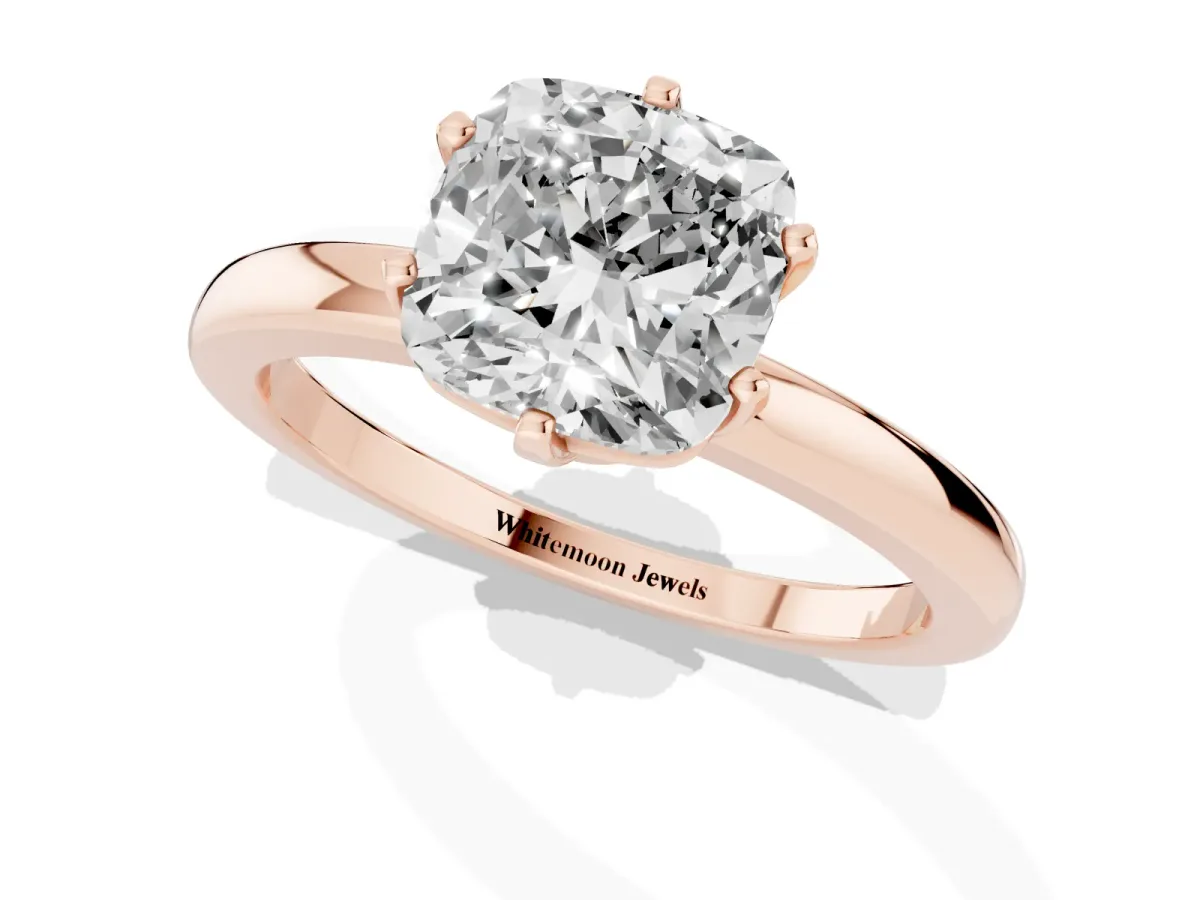 Cushion Cut Solitaire Diamond Ring with Six-Prong Setting on a Classic Band Rose gold