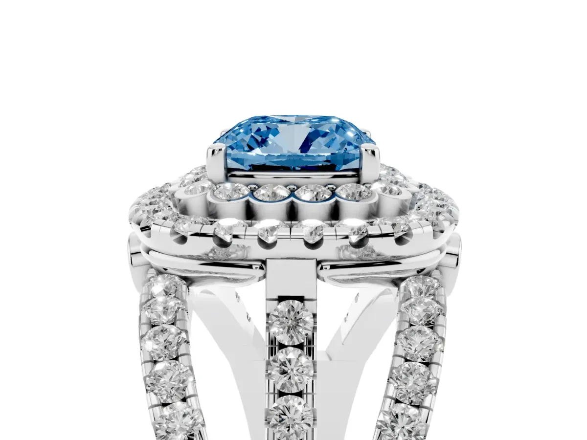 Fancy Blue Cushion Cut Diamond Double Halo Ring with Round Pavé Split Shank and Prong Setting Silver