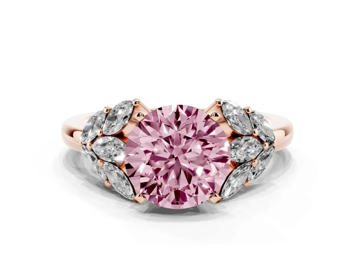 Fancy Pink Round Cut Diamond Cluster Leaf Design Ring with Prong Setting Rose gold