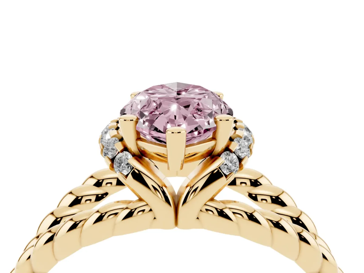Fancy Pink Marquise Cut Halo Twisted Band Four-Prong Ring Yellow gold