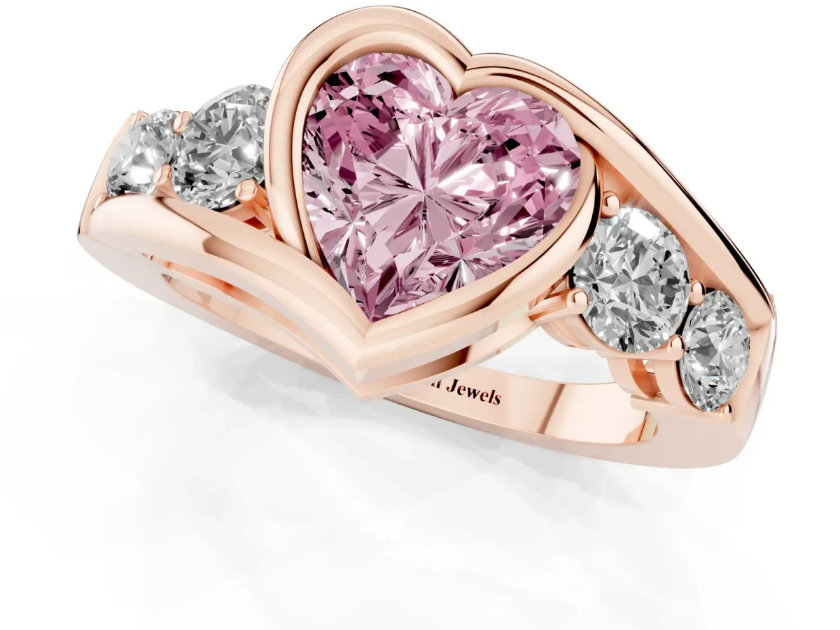 Fancy Pink Bezel Set Heart Cut Diamond Bypass Ring with Round Accents Rose gold
