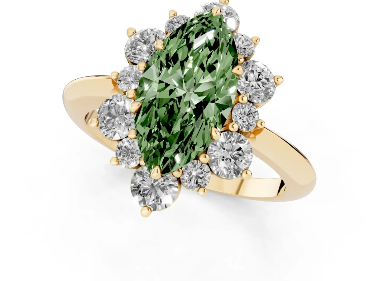Fancy Green Marquise Cut Diamond Cluster Halo Ring with Solitaire Band and Four-Prong Setting Yellow gold