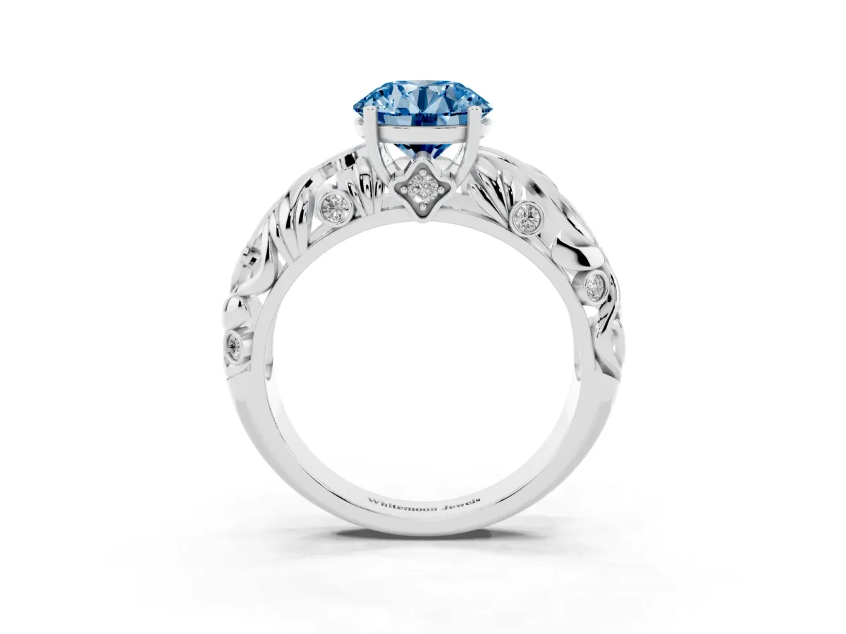 Fancy Blue Round Cut Solitaire Diamond Leaf-Inspired Vine Band Ring with Prong Setting Silver