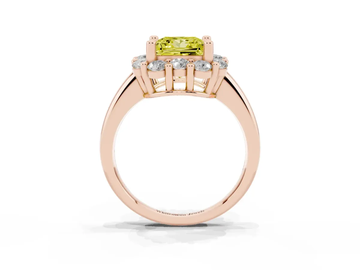 Fancy Yellow Princess Cut Halo Cluster Diamond Engagement Ring with Prong Setting and Polished Band Rose gold