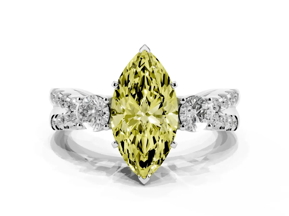 Fancy Yellow Marquise Cut Diamond Three-Stone Ring with Pavé Split Shank and Four-Prong Setting Platinum
