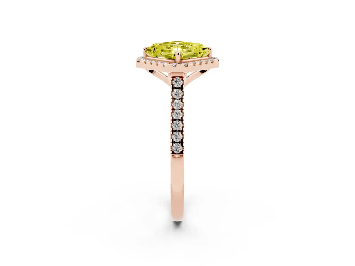 Fancy Yellow Asscher Cut Diamond Cushion Halo Ring with Pavé Band Rose gold