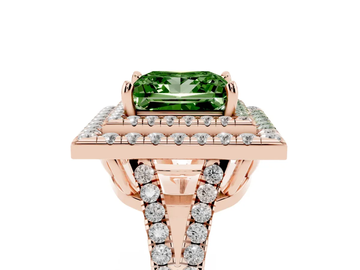 Fancy Green Princess Cut Diamond Double Halo Ring with Pavé Band and Prong Setting Rose gold