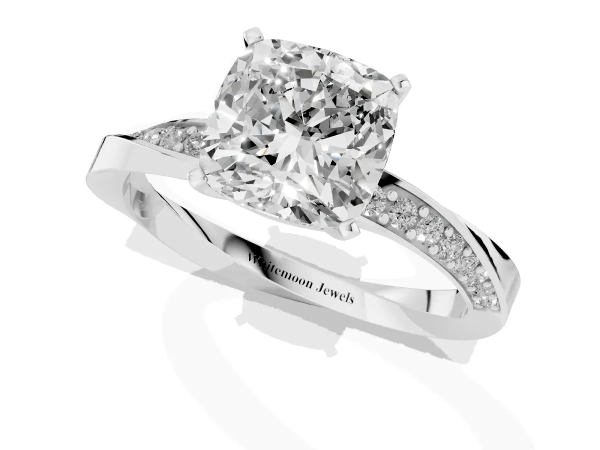 Cushion Cut Diamond Engagement Ring with Side Stone Accents and Four-Prong Setting Silver